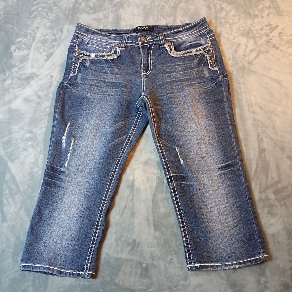 Beau Dawson Women Blue Embellished Denim Capris Medium Wash Size 12P Distressed